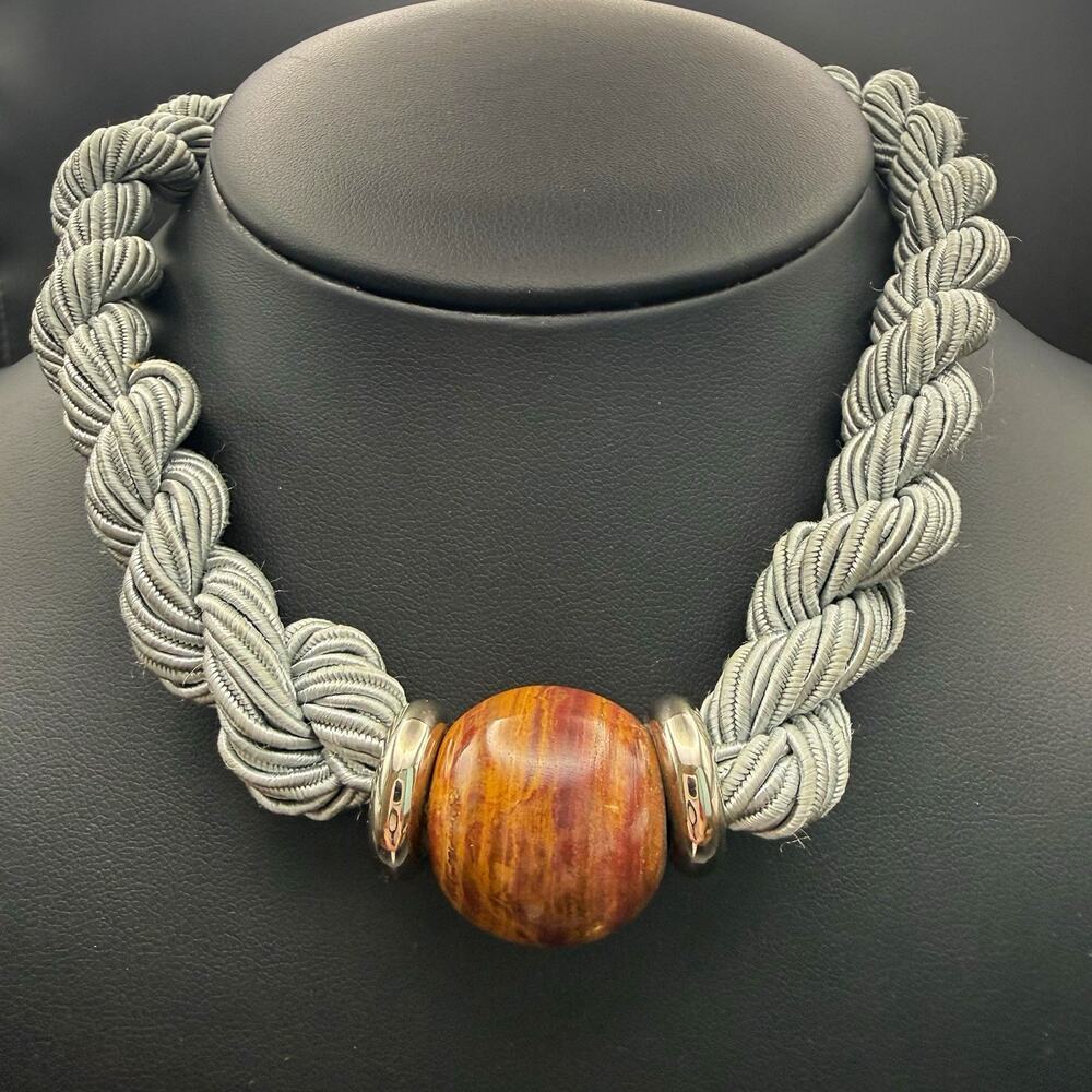 Vintage 80s Chunky Silver Rope Collar Necklace 18mm Natural Jasper Stone Bead